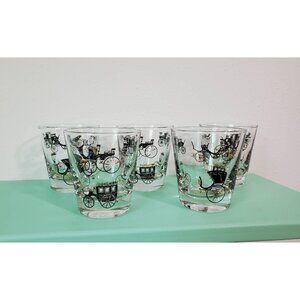 Libbey Whiskey Glasses, Black & Gold with Antique Car & Buggy Design, Set of 5